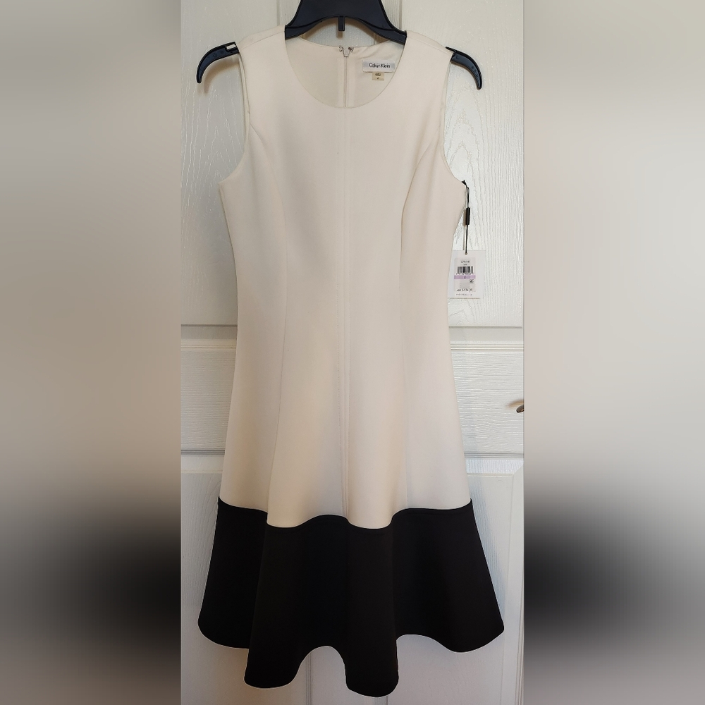 Calvin Klein Cream/Black Contrasting Sleeveless A-Line Dress NWT